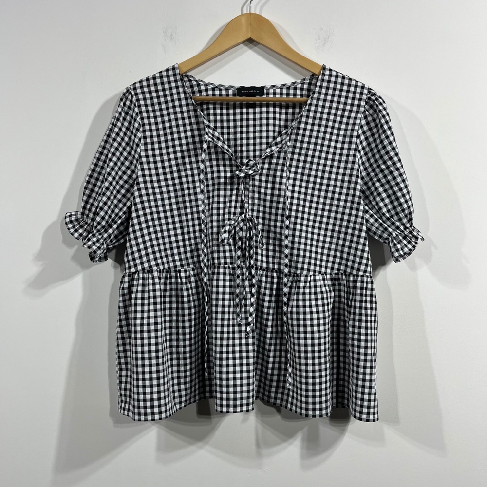 Tamara Gingham Peplum Babydoll Top Tie Front Womens Large Cottagecore Preppy
